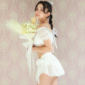 袖付きホワイト×透け感シフォンが可愛い♥写真映え水着♥ウェディングフォトにもぴったり